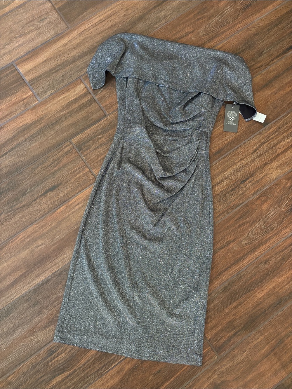 NWT Vince Camuto Glitter Silver Sparkle Off Shoulder Dress